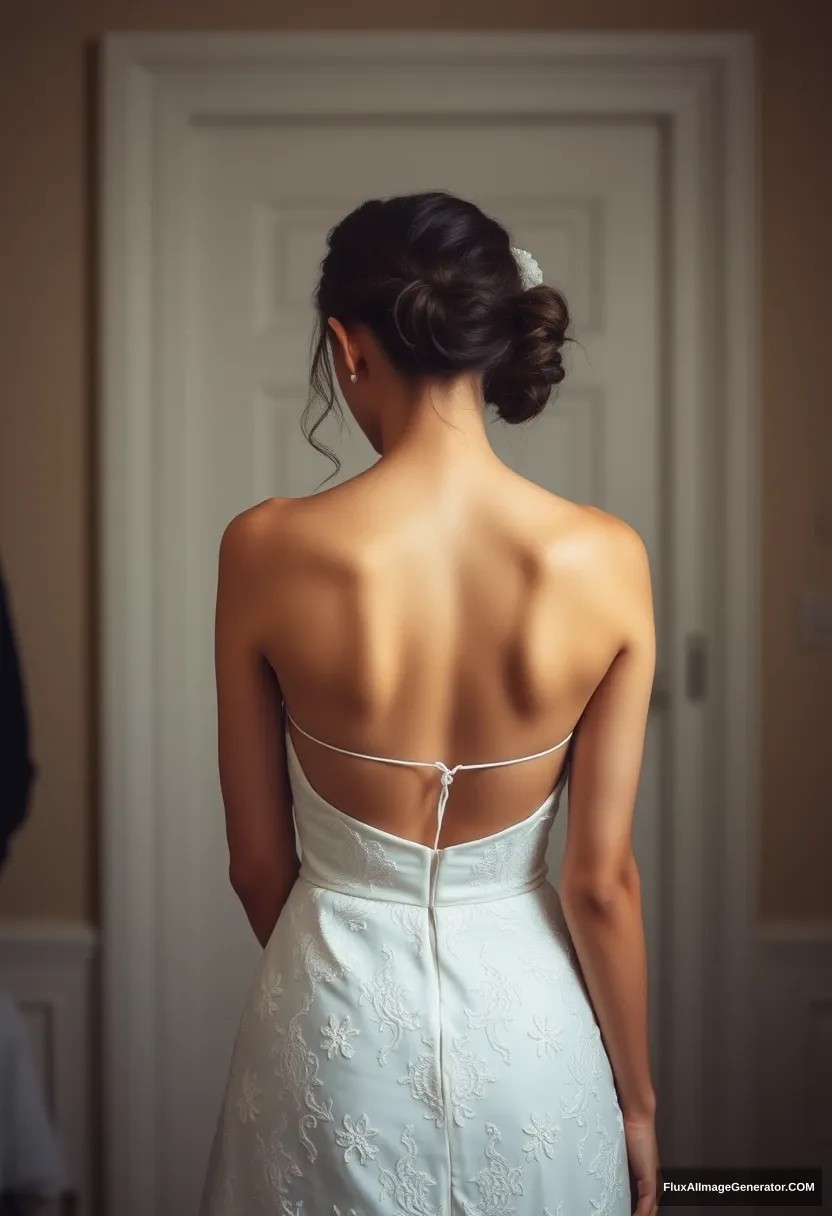 A young woman, sensitive, delicate, ashamed, wearing a backless strapless small-waisted wedding dress, in front of patriarchy, feeling powerless.