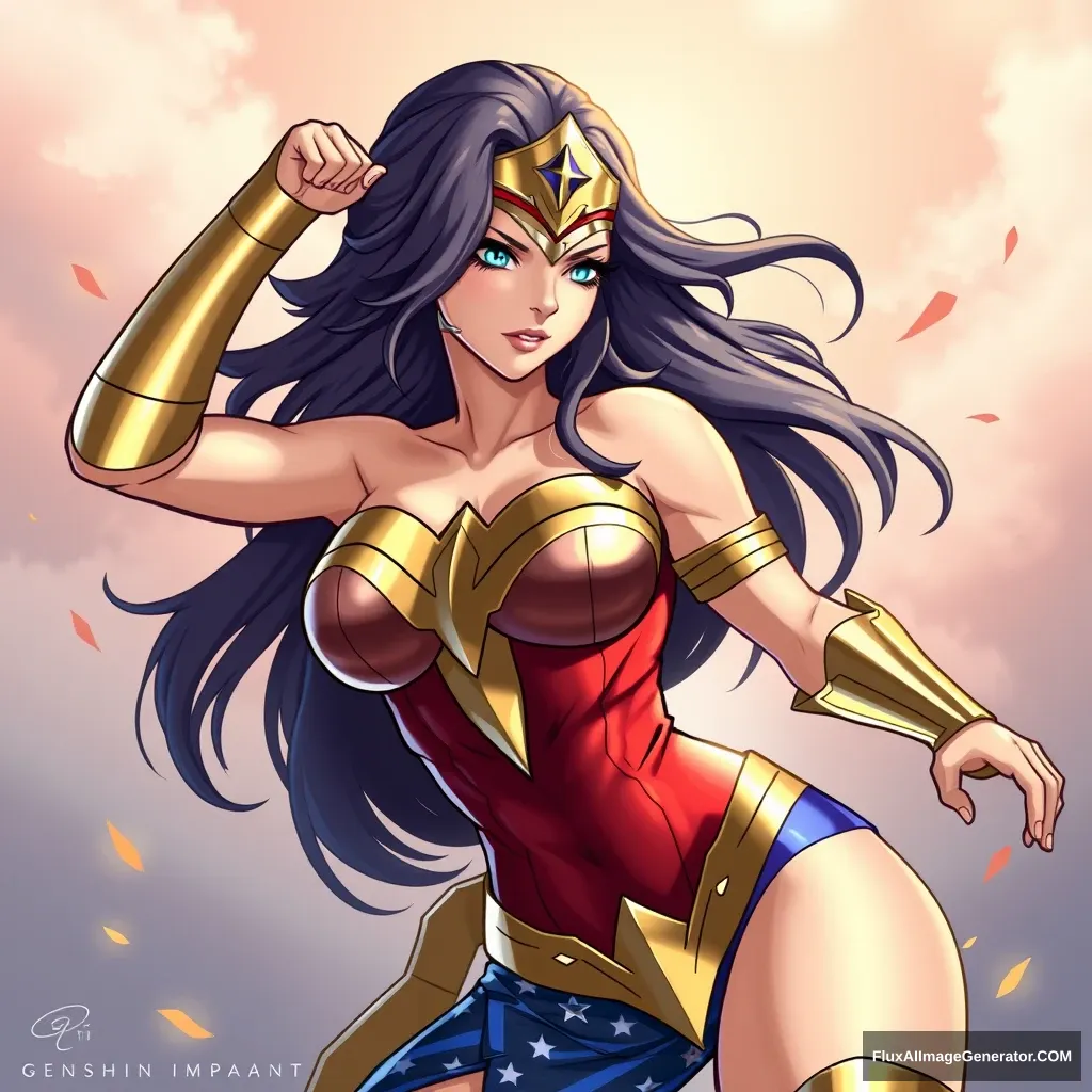 "Wonder Woman illustration in the style of the game Genshin Impact."