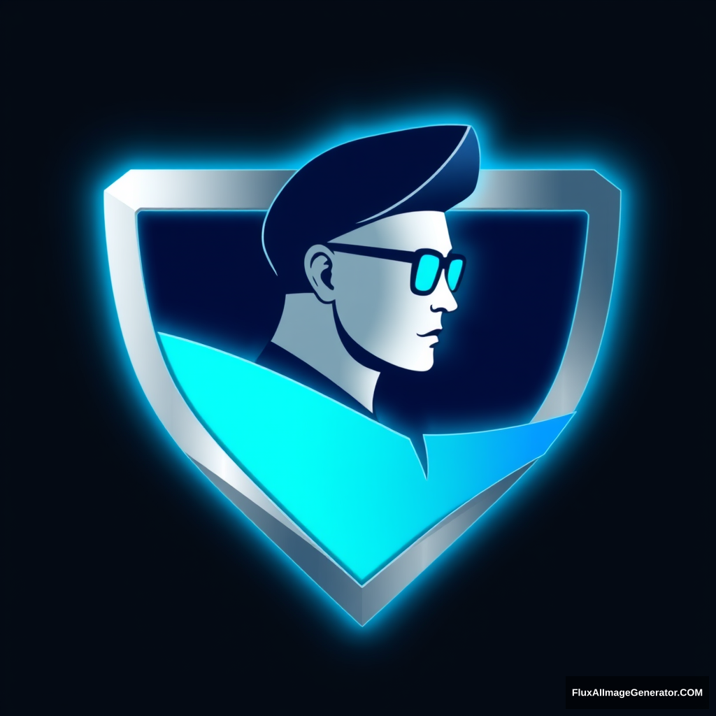 Sleek, futuristic printer logo. Geometric shapes form a stylized printer silhouette. Vibrant electric blue and silver color scheme. Minimalist. Subtle layer lines evoke printing process of a male wearing a flatcap and glasses. Conveys precision, innovation, and cutting-edge technology.