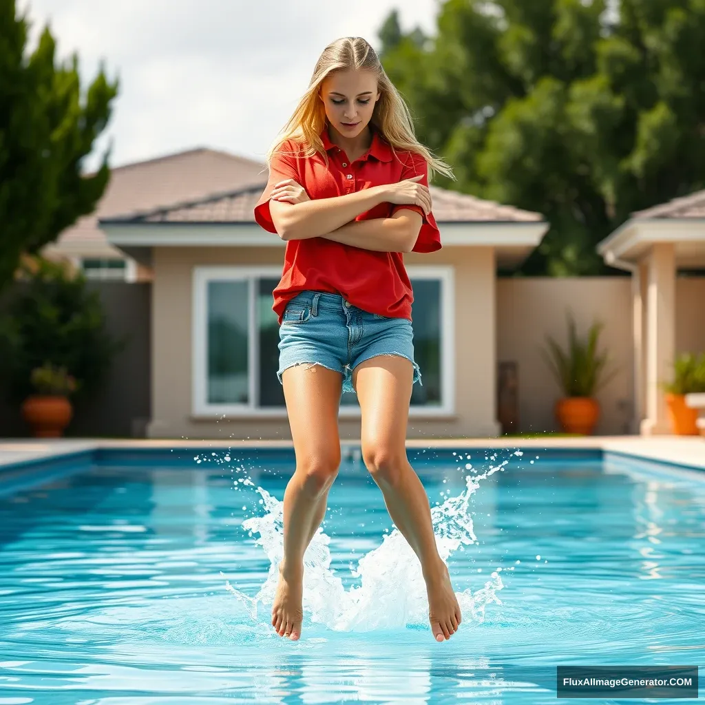 Front view of a young blonde skinny woman with really skinny legs who has a good tan in her early twenties, in her massive backyard, wearing a massively oversized red polo t-shirt which is a bit off balance on one of the shoulders. The bottom part of her t-shirt is not tucked in, and she is also wearing size M light blue denim shorts. She is barefoot, with no shoes or socks, and she jumps into the pool with her arms crossed on her chest, creating a big splash as her legs go underwater. - Image