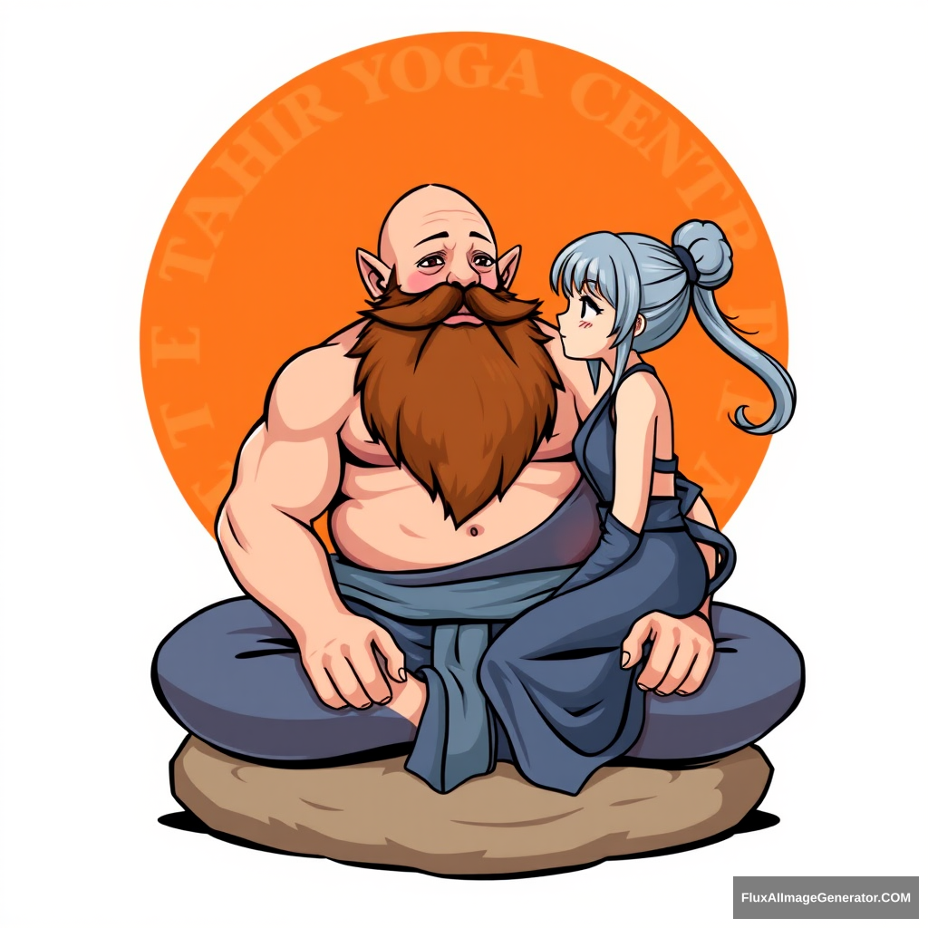 "Tahir Yoga Center" logo: a muscular large bald dwarf with a beard in the lotus position flirts with an anime girl. - Image