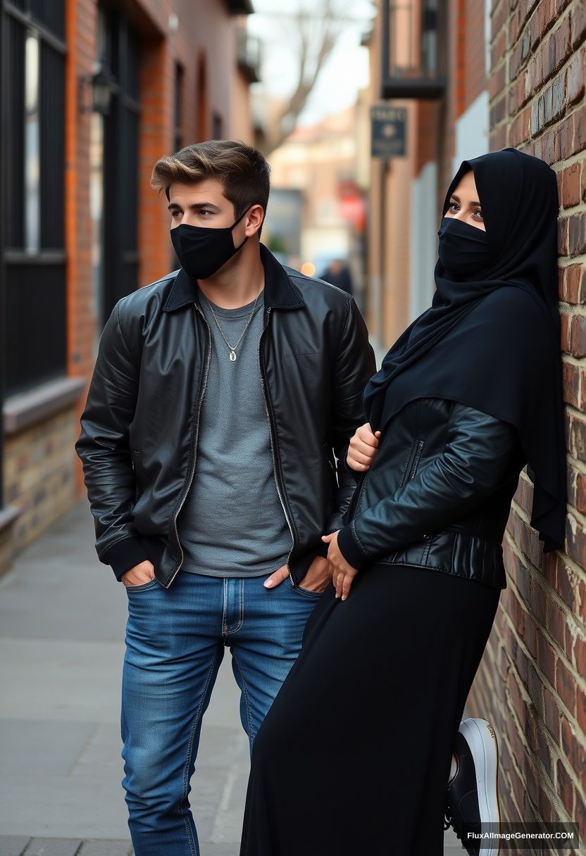 Jamie Dornan, handsome, young, black face mask, collage jacket, jeans, dating a beautiful Muslim girl in a black hijab with beautiful eyes, black face mask, black leather jacket, sneakers, the longest skirt, standing or laying against a brick wall, in a town, morning scenery, photorealistic, street photography.