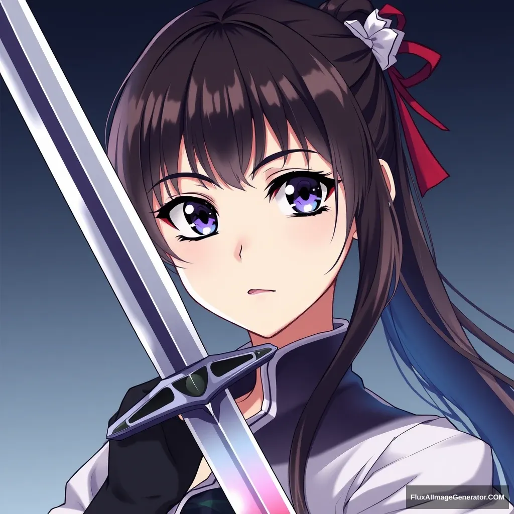 VERY BEAUTIFUL ANIME GIRL WITH PERFECT EYES. Anime style is important. Seinen style anime. Even more beautiful. Should look like an assassin with a gradient background. Holding one sharp sword. - Image