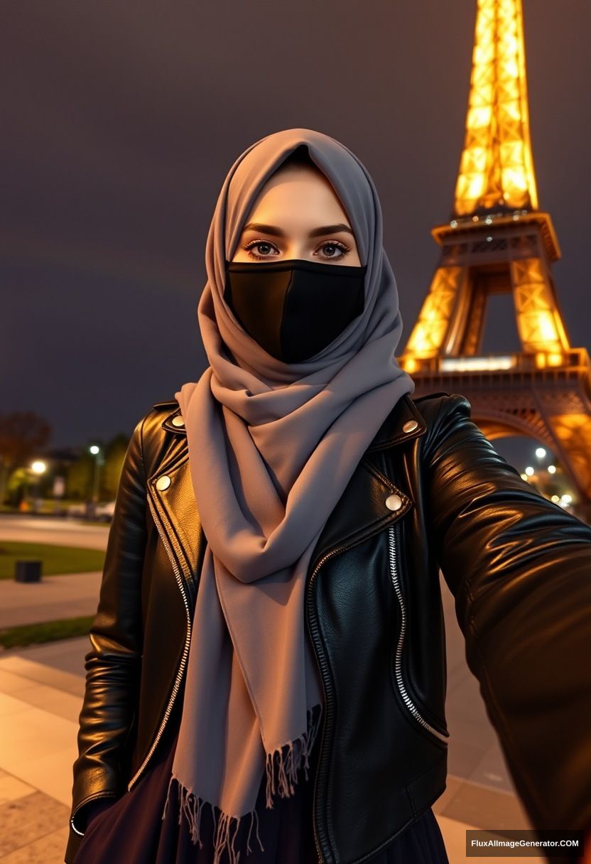 Biggest grey hijab Muslim girl, beautiful eyes, face mask black, leather jacket, biggest longest skirt, standing near Eiffel Tower, night scenery, hyper realistic, photorealistic, selfie photos. - Image