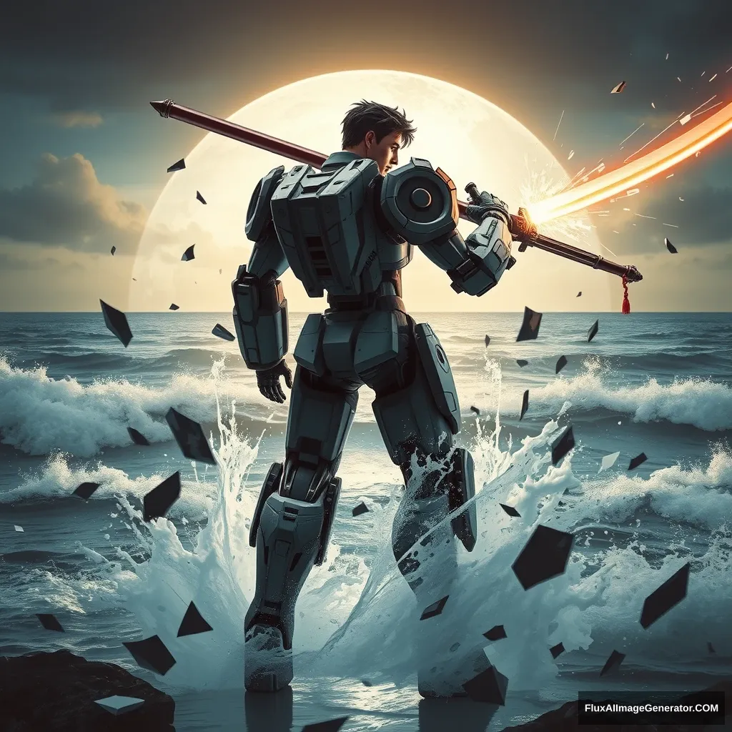 "With a sci-fi vibe, a male mech stands before the sea, swinging a sword to split the waves, back to the camera, looking cool and elegant, surrounded by scattered broken images." - Image