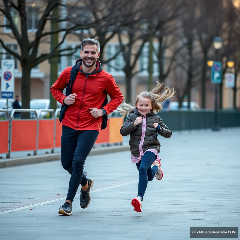 a man and a girl running