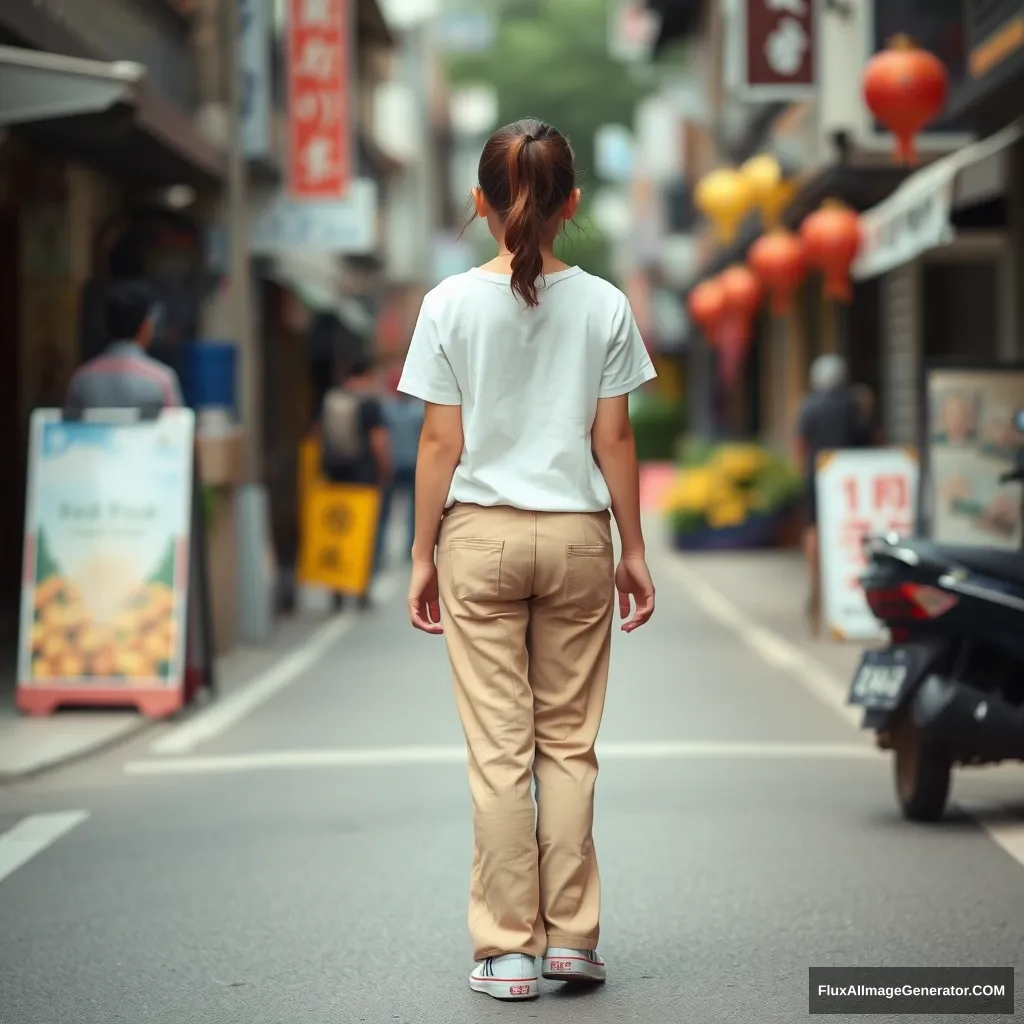 an Asian girl wearing pants in the street, back view - Image