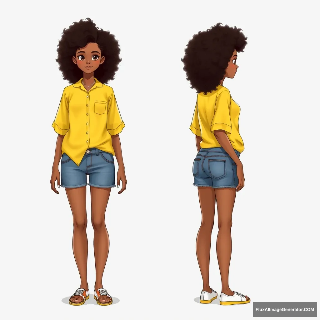 front, side and back profile character sheet, girl in yellow shirt with jean shorts, with hairstyle afro