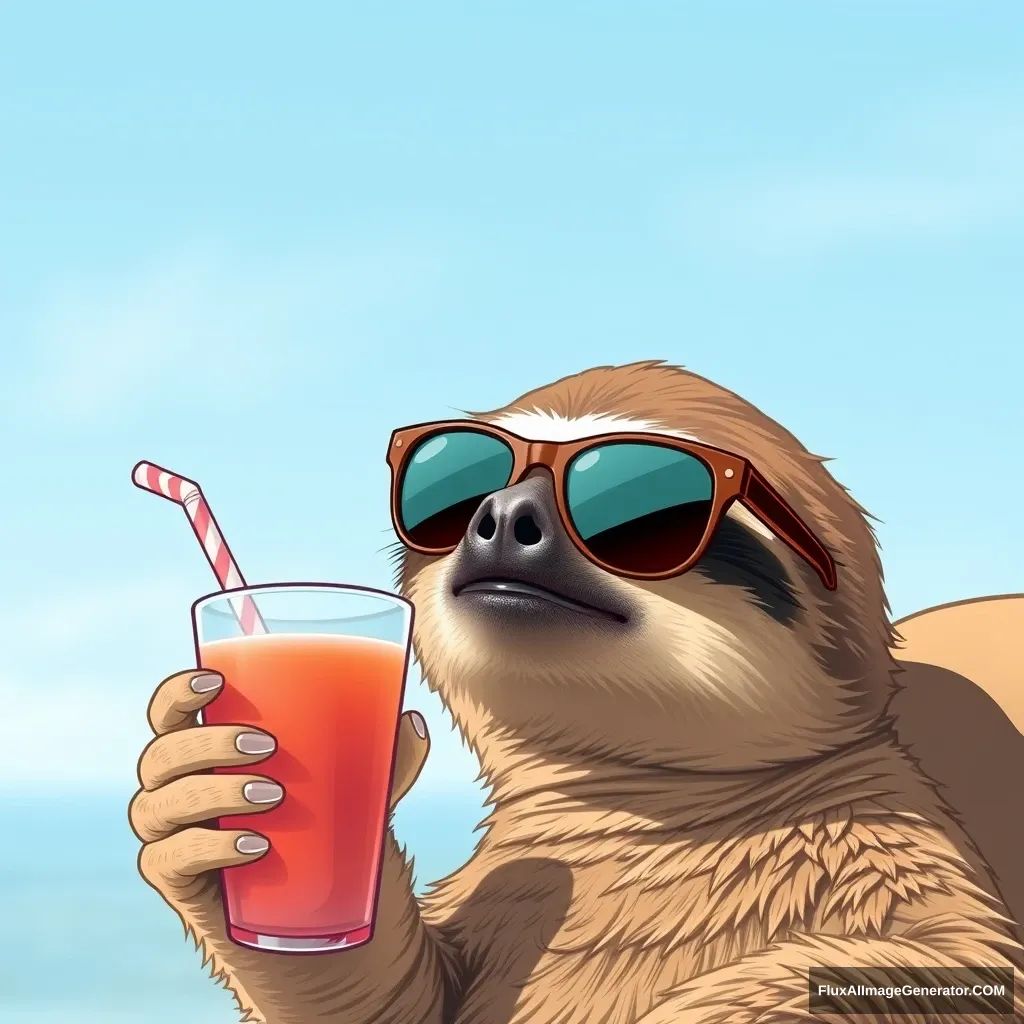 Sloth chilling with sunglasses and a fruit smoothie. - Image