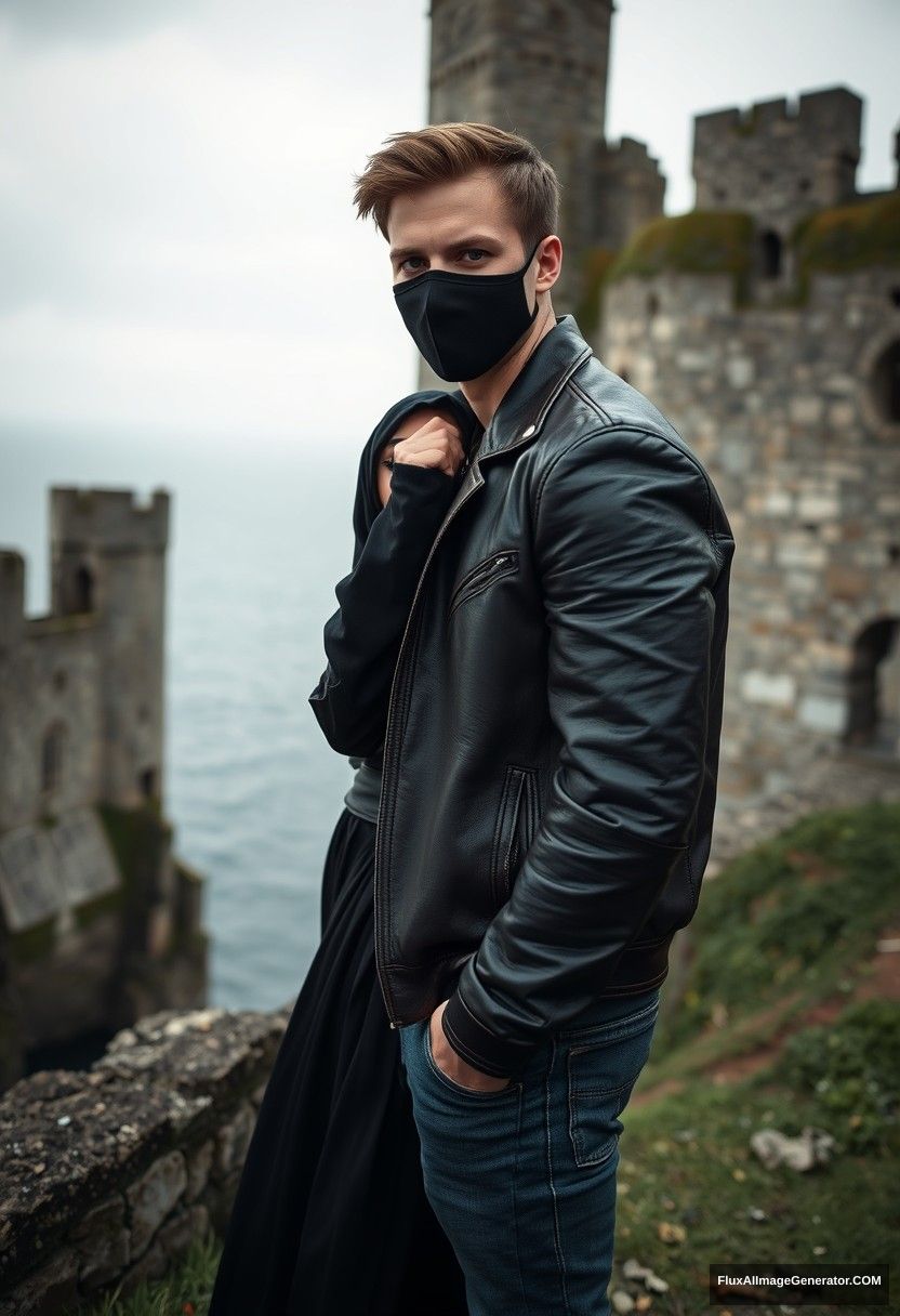 Jamie Dornan's head and body shot, handsome, youngest, black face mask, black leather jacket, jeans, dating, love with the biggest black hijab Muslim girl, not tall, beautiful eyes, face mask, maroon leather jacket, biggest black skirt, leaning on his shoulder, hyper realistic, studio photography, full body photo, exploring an abandoned castle, at sea, gloomy scenery.