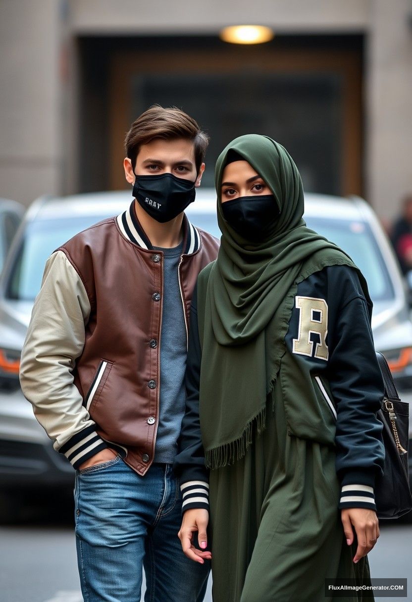 Jamie Dornan, young, black face mask, a collage jacket with a capital A, jeans, red sneakers, dating a beautiful Muslim girl in the biggest army green hijab, with beautiful eyes, wearing a black face mask, college jacket, the longest skirt, not a tall girl, photorealistic, realistic, street photography, full photography. - Image