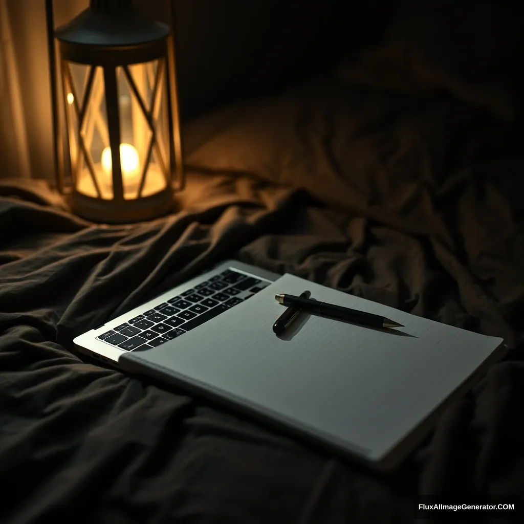 On a laptop, notebook, a pen, phone, on a bed, hyper realistic, studio photography, lantern light, gloomy. - Image