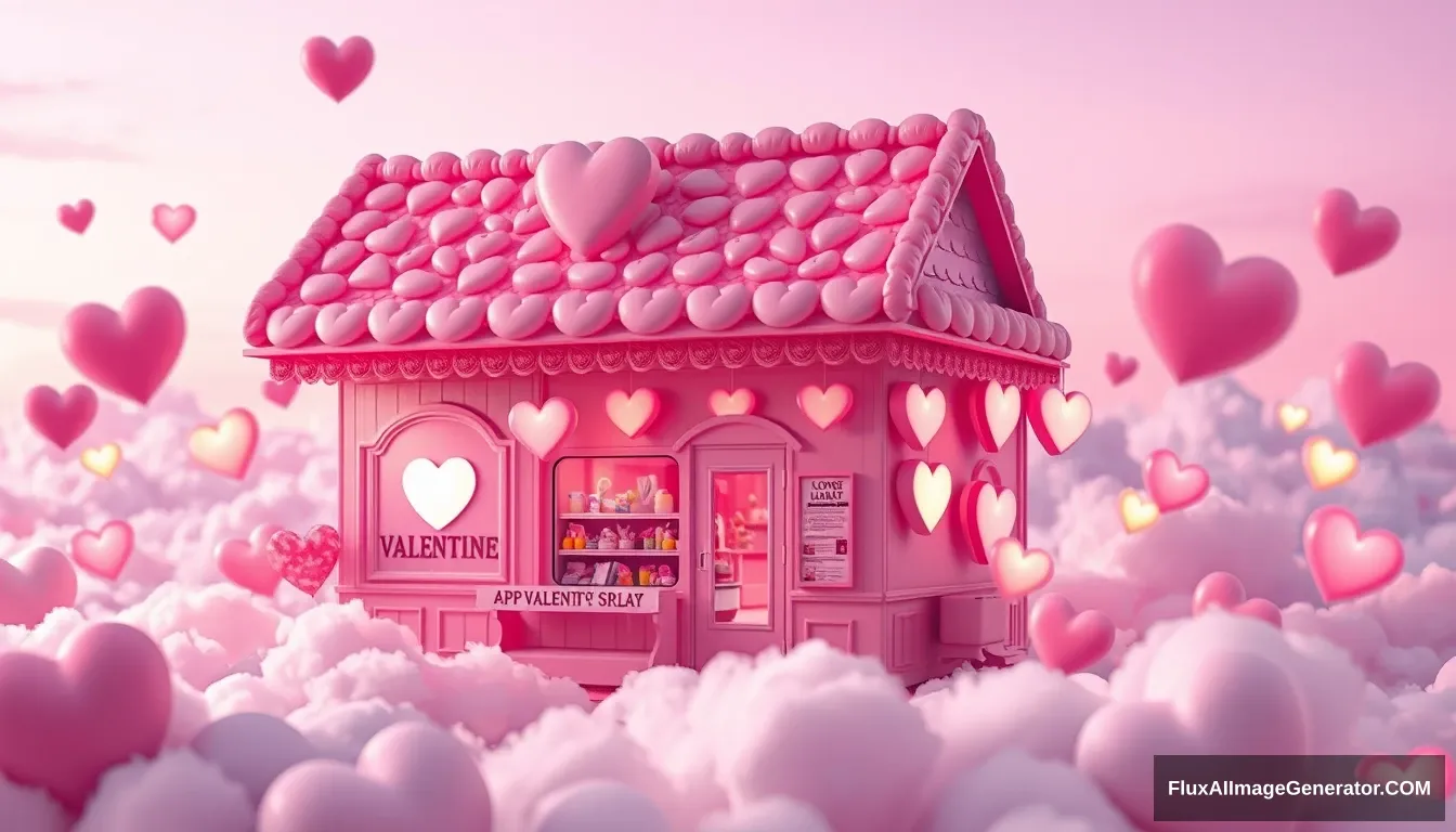 A pink candy shop on the clouds, 3D art style, surrounded by heart-shaped cloudscapes and glowing hearts, creating an atmosphere filled with love for Valentine's Day. A soft purple sky adds to its dreamy charm. High resolution, high quality, realistic, detailed.