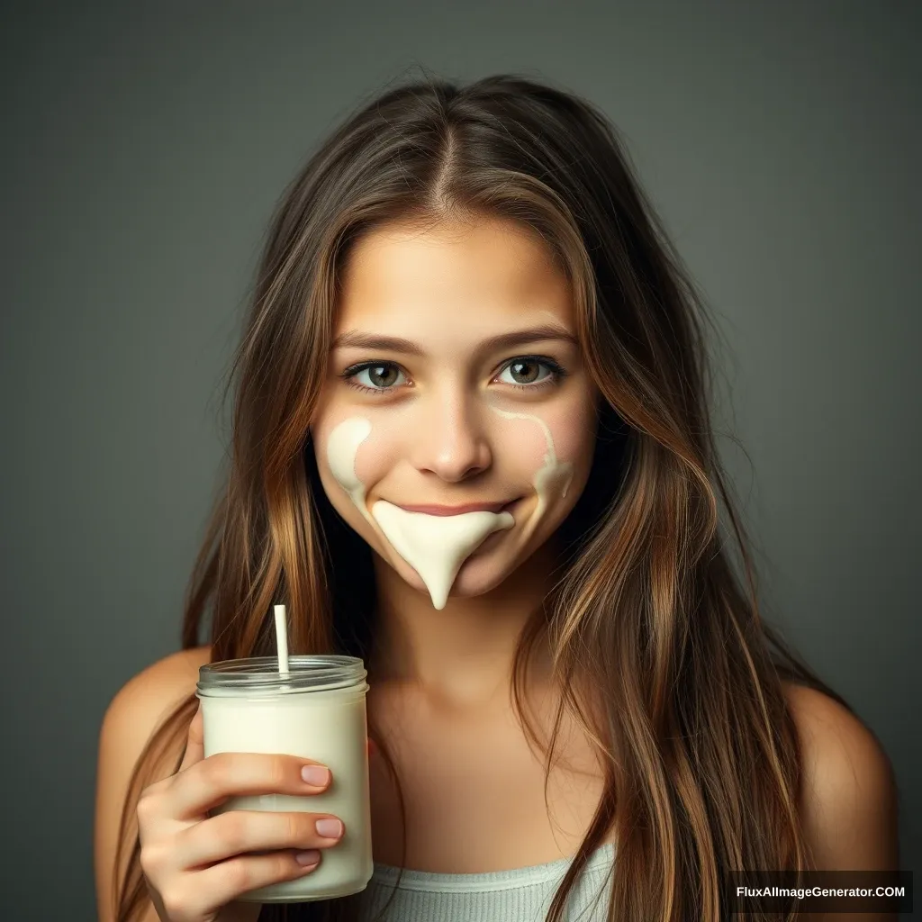 24-year-old college girl with a banana milk on her face. - Image