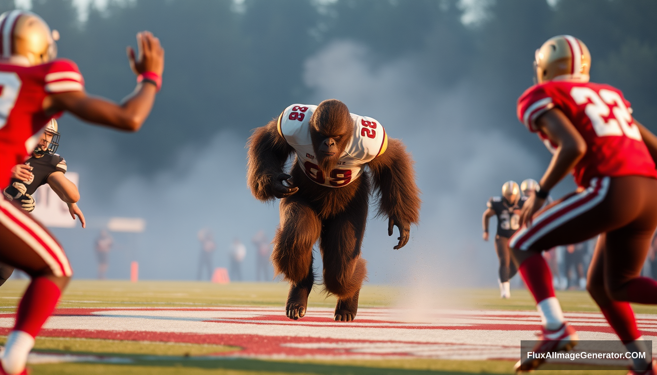 Bigfoot running down the football field, blocking players. - Image