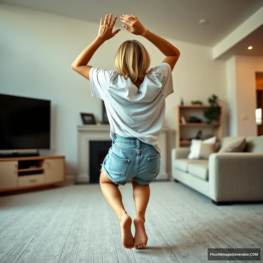 A side angle of a skinny blonde woman in her large living room, wearing an oversized white t-shirt that is quite imbalanced on one of the sleeves, along with oversized light blue denim shorts. She is barefoot, facing her TV, and dives headfirst with both arms raised below her head and her legs in the air beneath her back, positioned at a 60-degree angle.