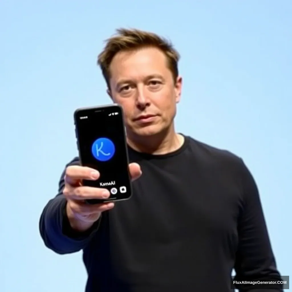 Elon Musk holds a phone, and the phone screen shows the KainoAI app, which has a blue design.