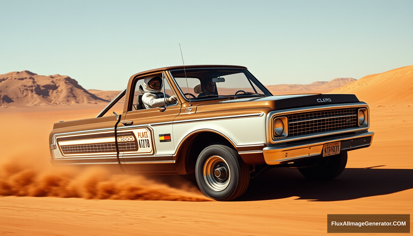 1972 C10 pickup racing on Mars, an astronaut is driving seated on the left seat.