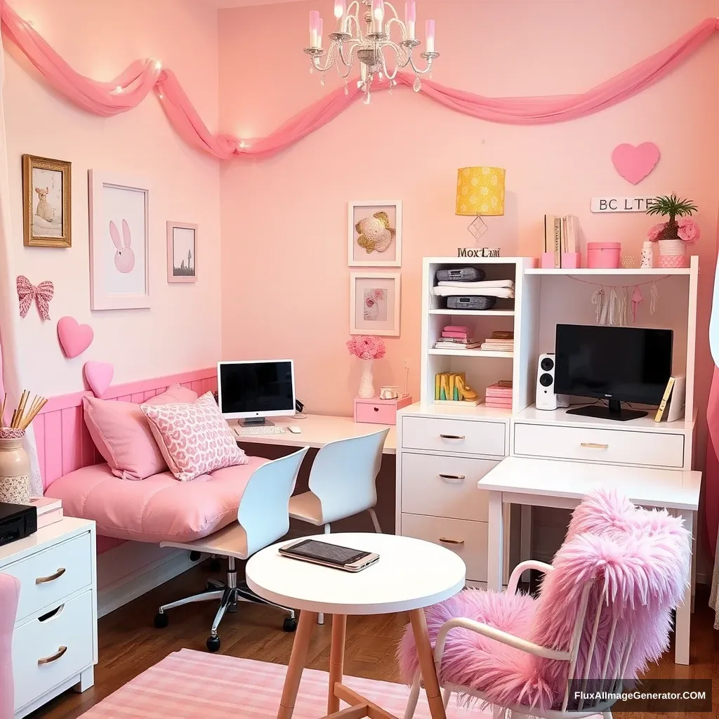 Make a girl's room warm and cozy, with light pink furniture and decorations, a computer, mobile phone, pillows, tables, and chairs. - Image