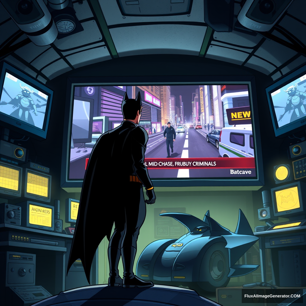 Bruce Wayne, dressed in his signature dark suit, stands in front of a massive computer screen inside the dimly lit Batcave. The screen displays a news broadcast showing mid-chase, pursuing criminals through the city. The Batcave is filled with high-tech gadgets, glowing monitors, and the iconic Batmobile in the background. The scene is depicted in a cartoon animated style, with exaggerated features, vibrant colors, and dynamic lighting that highlights the intensity of the moment.