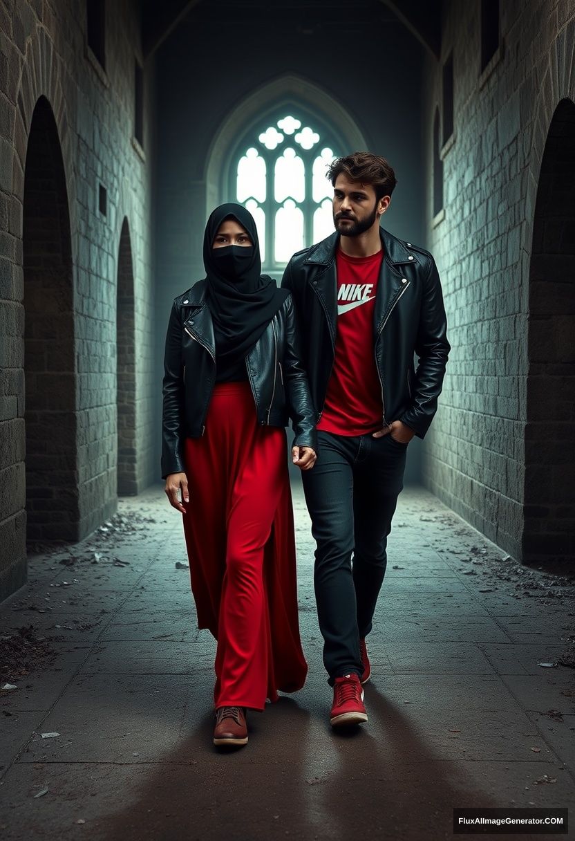 A biggest black hijab girl, beautiful eyes, face mask black, black leather jacket, biggest red longest dress, not tall, walking near him and love, love couple.

Jamie Dornan, handsome, youngest, face mask black, fit and tough body, Nike red t-shirt, black leather jacket, jeans, red sneakers, tall man, walking near her, love couple.

Hyper realistic, photorealistic, studio photography, explore Victoria's abandoned castle, gloomy.