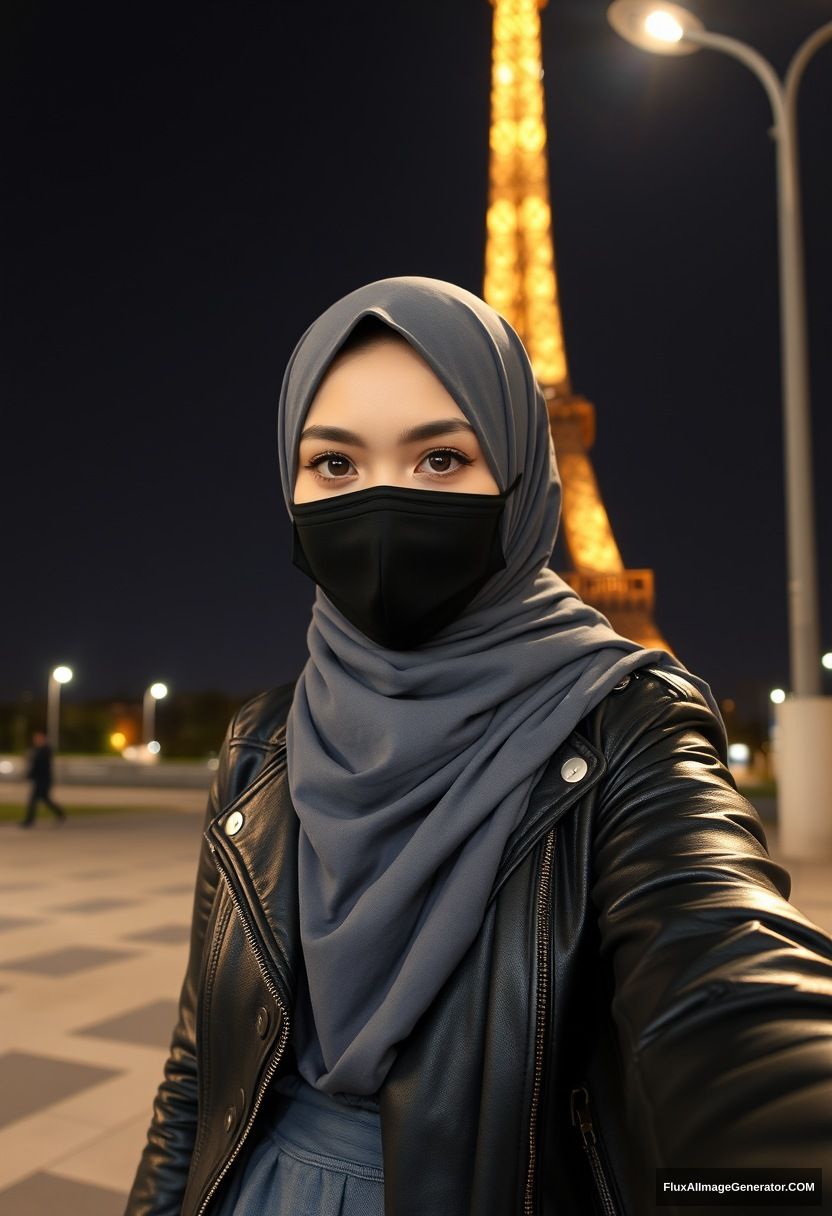 Biggest grey hijab Muslim girl, beautiful eyes, black face mask, leather jacket, biggest longest skirt, standing near Eiffel Tower, night scenery, hyper realistic, photorealistic, selfie photos. - Image