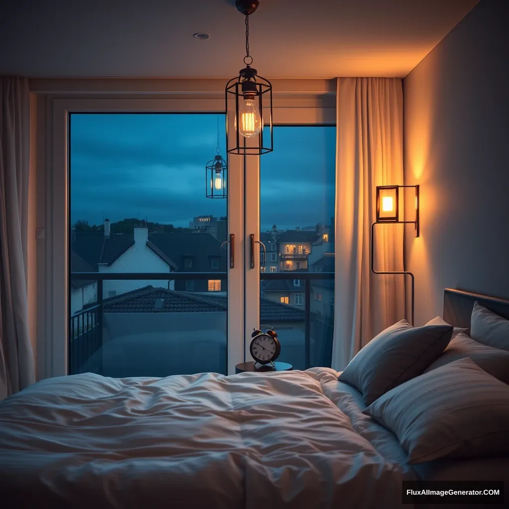 Modern apartment bedroom with a glass window in France, lantern lighting, nighttime scenery, 2:00 AM on a small clock on a small desk behind the bed, hyper-realistic, photorealistic.