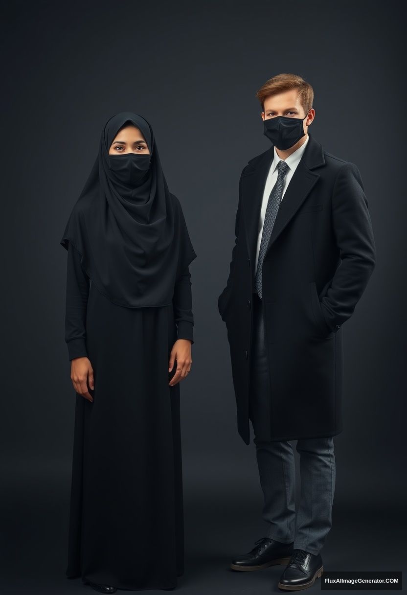 A biggest black hijab girl, slim girl, beautiful eyes, face mask black, biggest floral longest dress, standing

Jamie Dornan, youngest, black coat, white shirt, grey pattern tie, black leather sneaker, tall man, face mask black, fit tough body, standing near her,

hyper realistic, studio photography. - Image