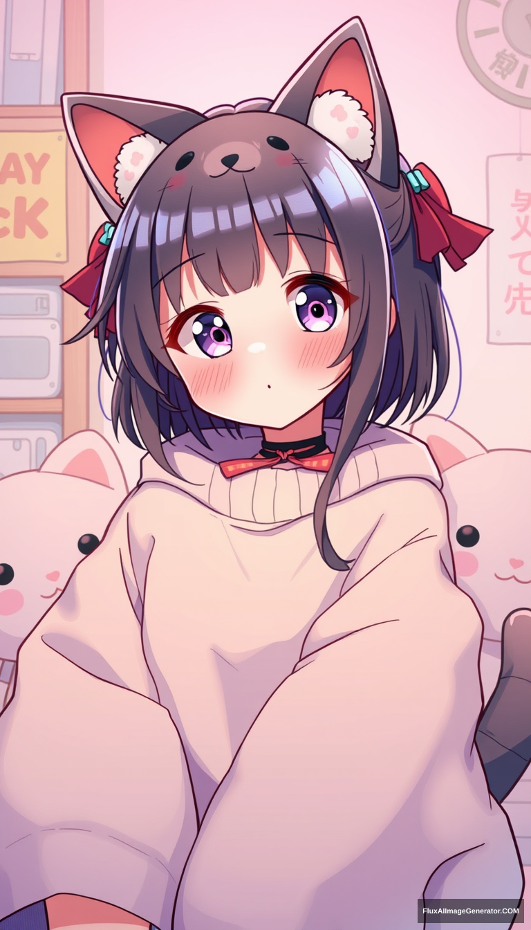 Kawaii anime girl cel shading and oversized clothes. Plushies. Cat-like girl. - Image