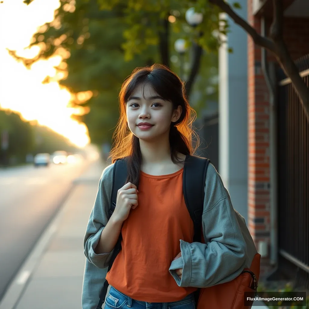 "A female high school student on her way home from school, in the evening."