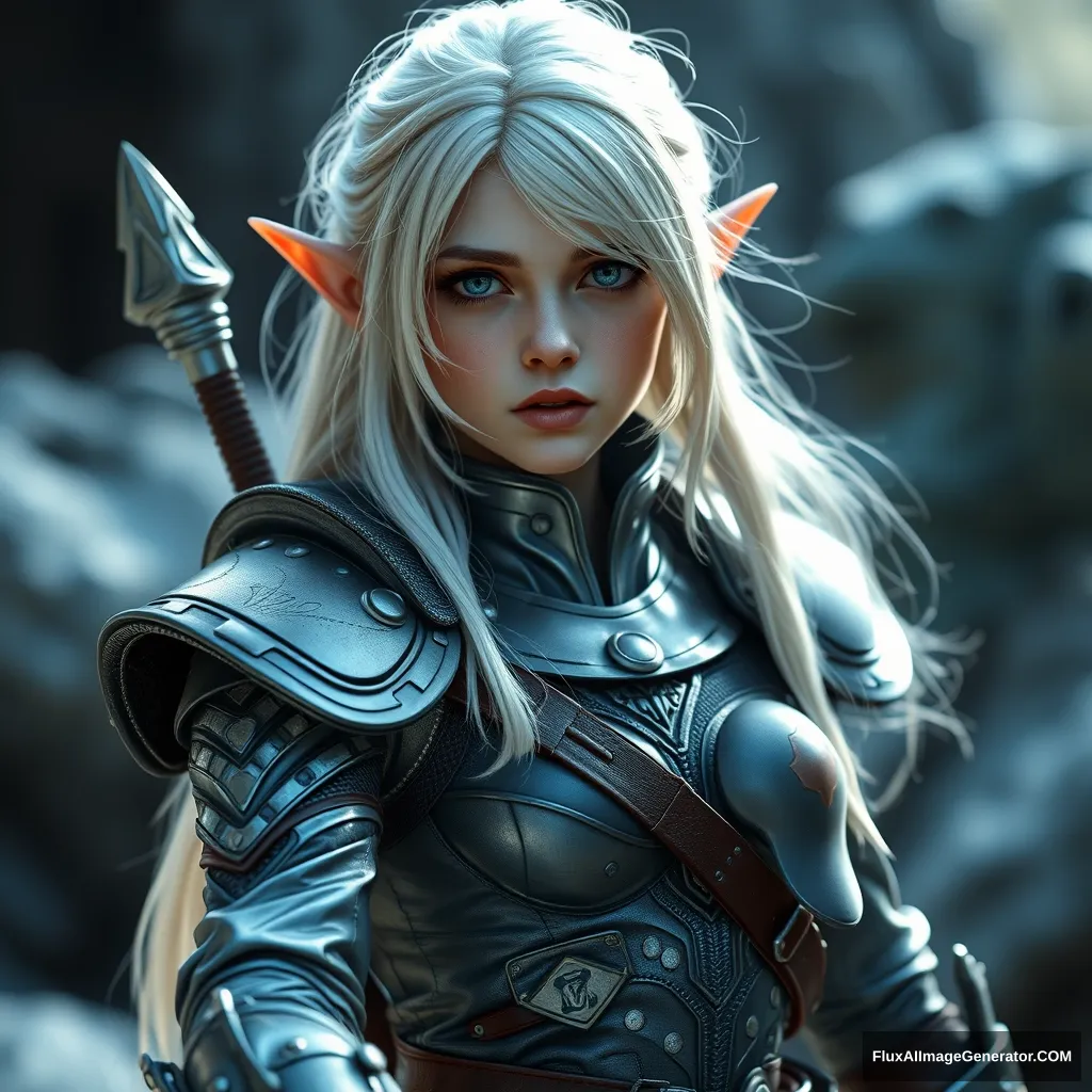 girl elf warrior (Hannah Dakota Fanning), full body shot, platinum colored hair, military metallic uniform, hyper-realistic photo, 8K, unreal engine, - Image