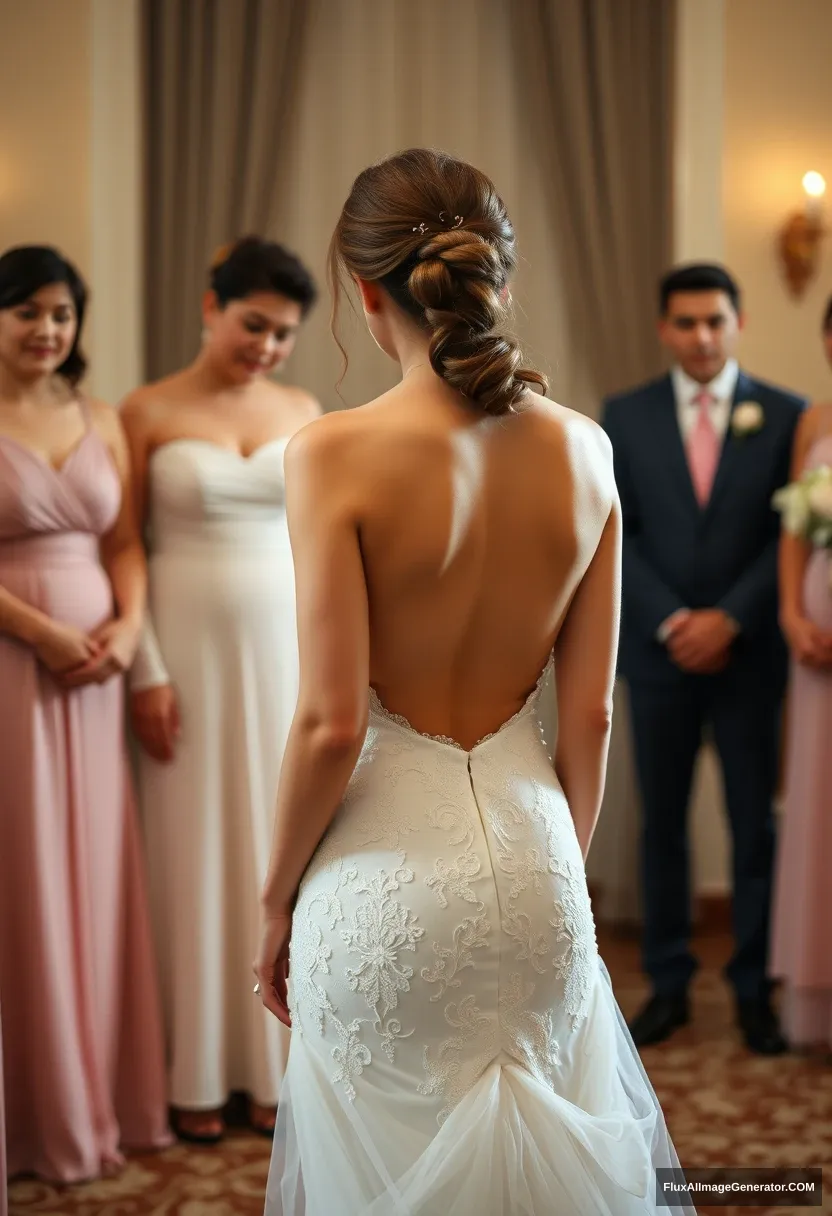 a young woman, sensitive, delicate, ashamed, backless strapless low-waisted wedding dress, in front of family