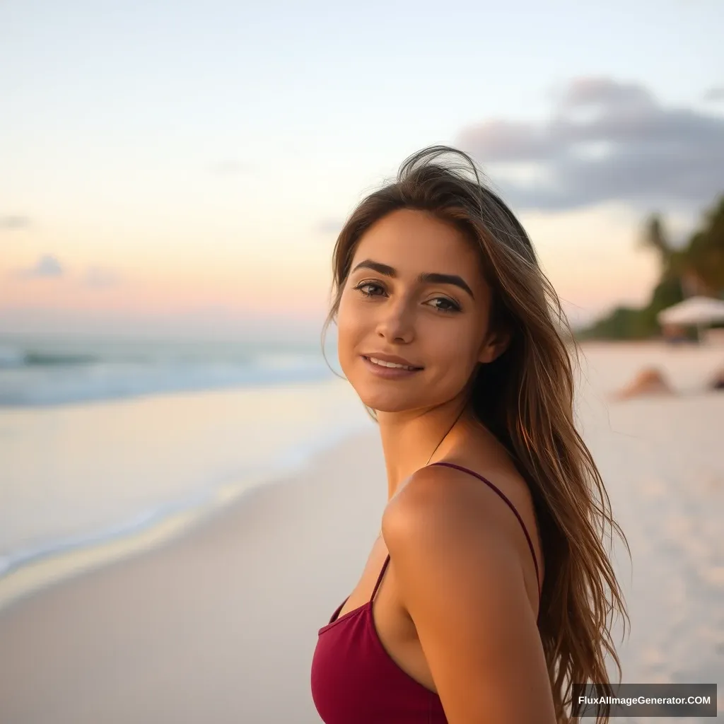 Woman on the beach, evening on white sand beach.