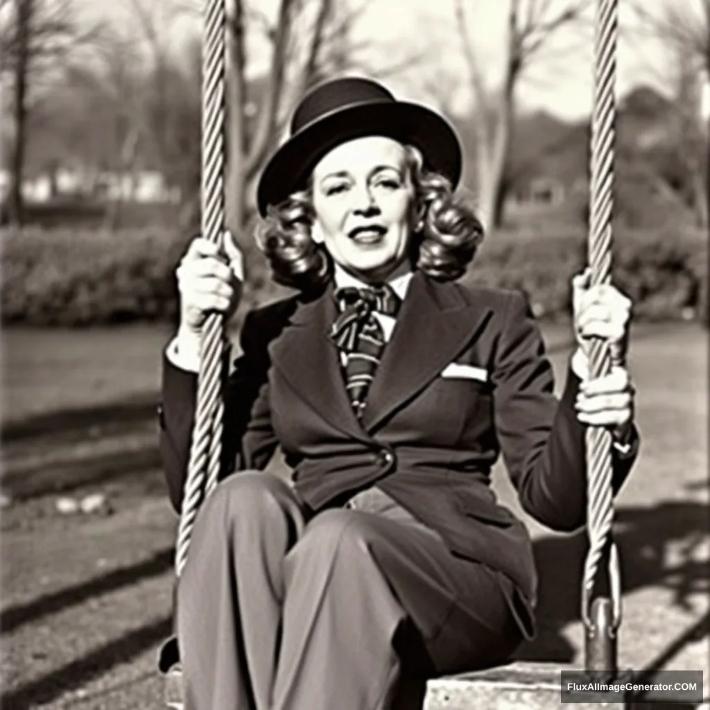 Marlene Dietrich in a men's suit on a swing.