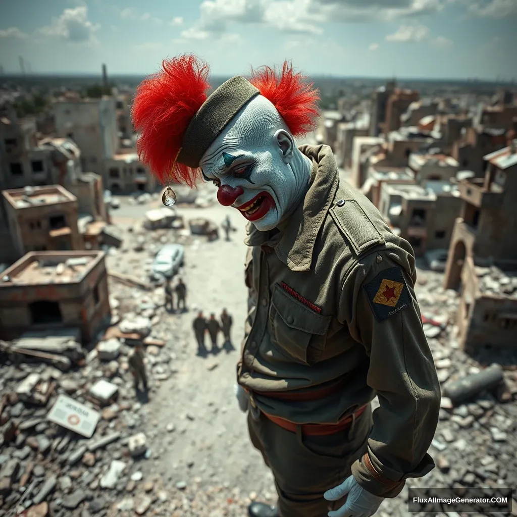 A crying clown in an IDF uniform standing in the middle of a city in ruins. View from above and from some distance. Hyperreal.