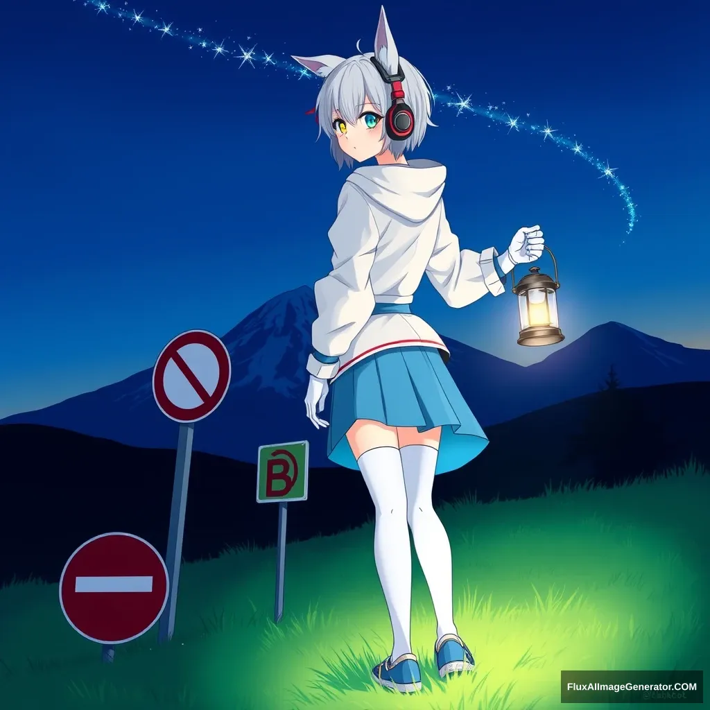 1 girl, breasts, short hair, blue eyes, skirt, long sleeves, gloves, thigh highs, jacket, yellow eyes, white hair, shoes, puffy sleeves, midriff, white gloves, hood, crop top, blue skirt, fake animal ears, heterochromia, headphones, white jacket, puffy long sleeves, multicolored eyes, blue sky, blue theme, bus stop sign, dawn, facing away, gradient sky, grass, holding, holding lantern, lantern, meteor shower, mountain, nature, on grass, outdoors, plant, road sign, scenery, sign, sky, solo, standing, star (sky), tree, very wide shot, masterpiece, best quality. - Image