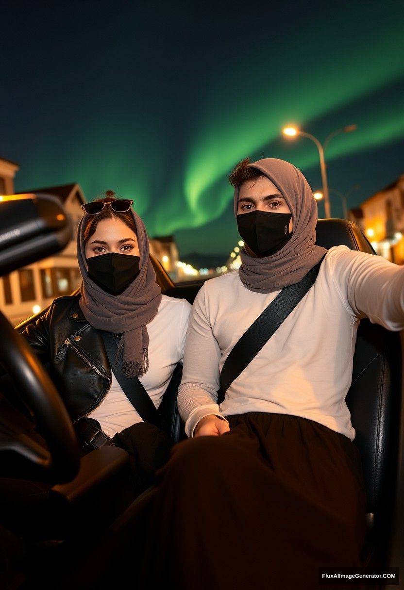 Jamie Dornan, tall, young, wearing a black face mask, a white Nike t-shirt, and jeans, is dating a beautiful Muslim girl in a grey hijab with stunning eyes, also wearing a black face mask and a leather jacket, with a very long and wide skirt, who is not tall. They are sitting in a sports car in the town, captured in photorealistic street photography at night, with an aurora borealis in the background. - Image