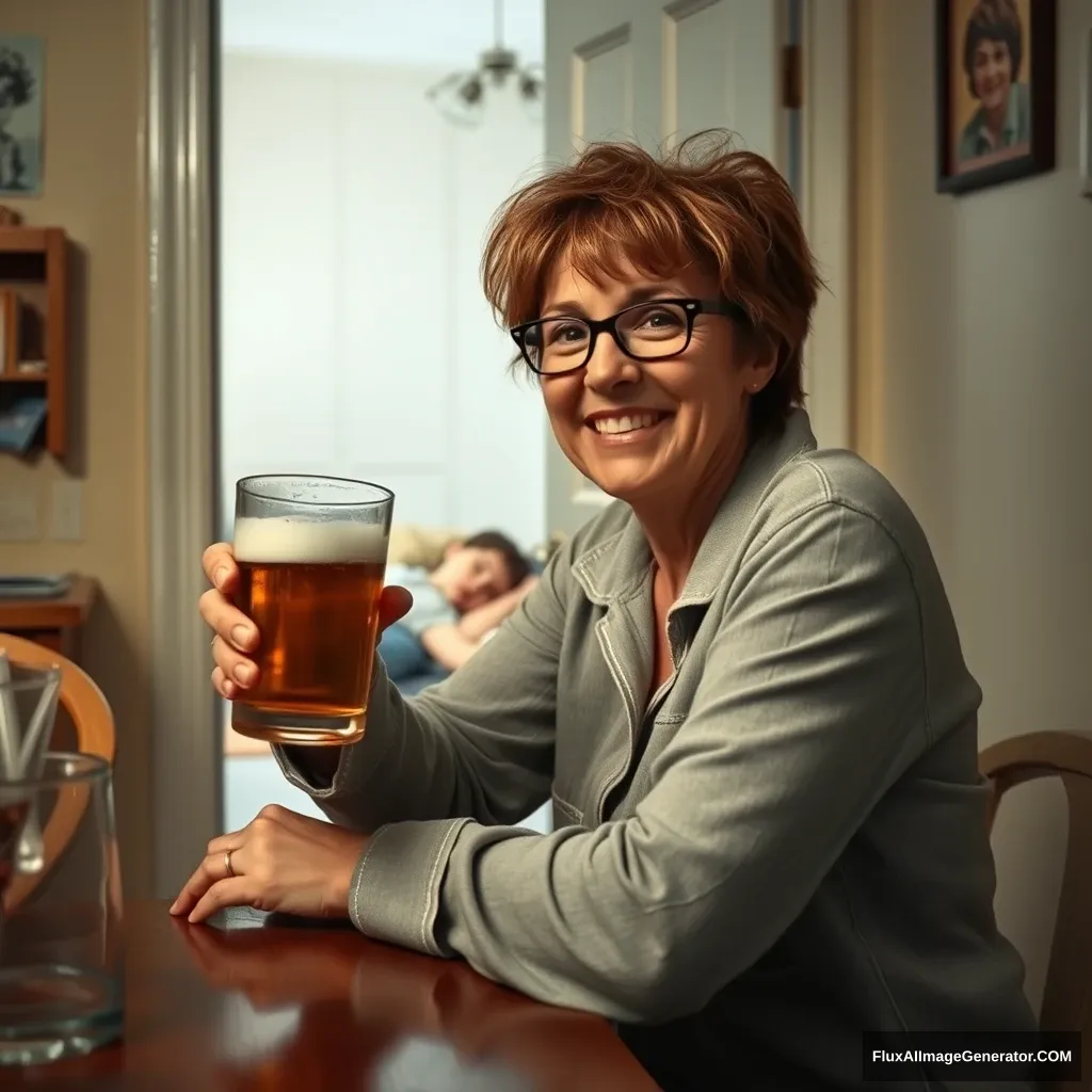 A woman in her late 30s wearing glasses, dressed in pajamas with messy hair, is sitting at the table enjoying a beer with a cheerful expression. Through the crack of the open door, two boys are asleep.