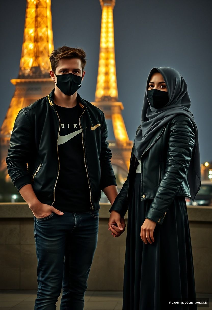 Jamie Dornan, youngest, black face mask, collage jacket, Nike t-shirt, jeans, tall man, fit body,

Dating, love with the biggest grey hijab Muslim girl, beautiful eyes, black face mask, leather jacket, largest longest skirt, cute short girl,

standing near the Eiffel Tower, night scenery, holding hands, hyper realistic, photorealistic, street photography. - Image