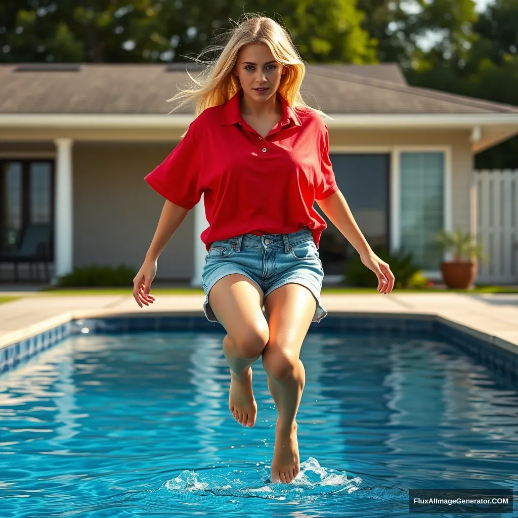 Front view of a young blonde skinny woman with a good tan, in her early twenties, in her massive backyard, wearing an oversized red polo t-shirt that is slightly off balance on one shoulder. The bottom part of her t-shirt is untucked. She is also wearing large light blue denim shorts and has no shoes or socks. She jumps into the pool, and her legs are underwater. - Image