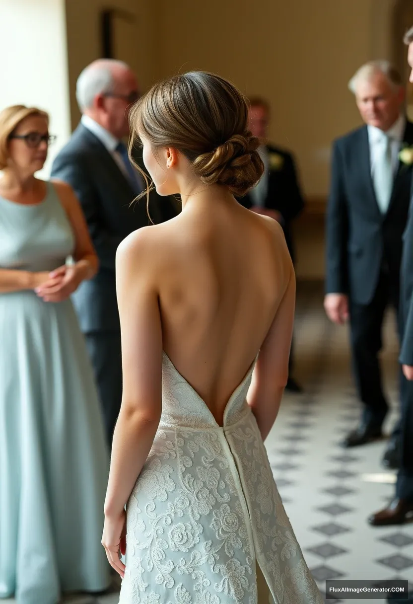 A petite young woman, sensitive, delicate, girly, wearing a backless strapless side-less low-waisted V open cut line contouring wedding dress. Fawning obediently mingling with fathers. Expectations. Perfect posture. Pale skin. - Image