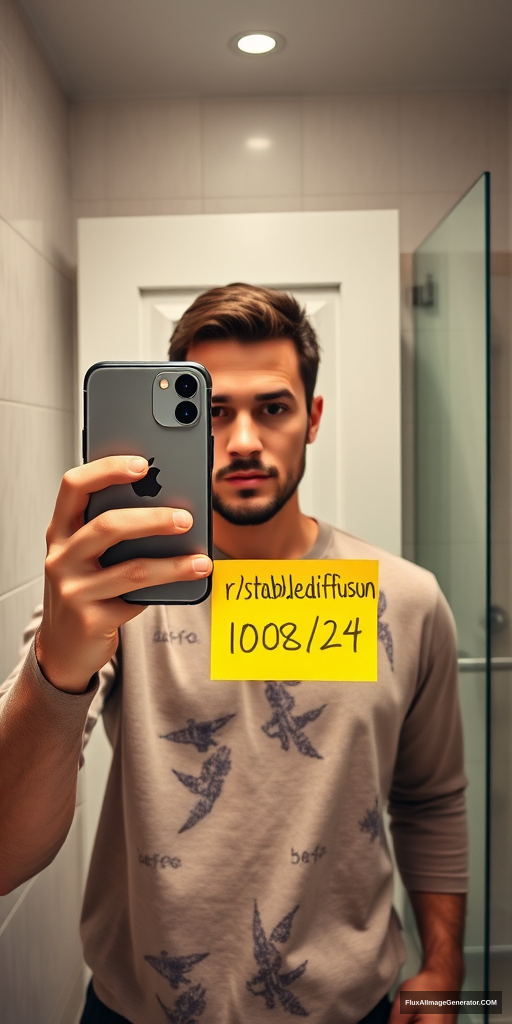 Man in a meticulously detailed bathroom, capturing a mirror selfie with the latest iPhone. He's holding a vibrant yellow post-it note displaying "r/stablediffusion" and "10/08/24". Hyper-realistic style with precise lighting, reflections, and textures. Verification-style composition, natural color palette. Subtle tension in expression, modern tech-savvy atmosphere. - Image