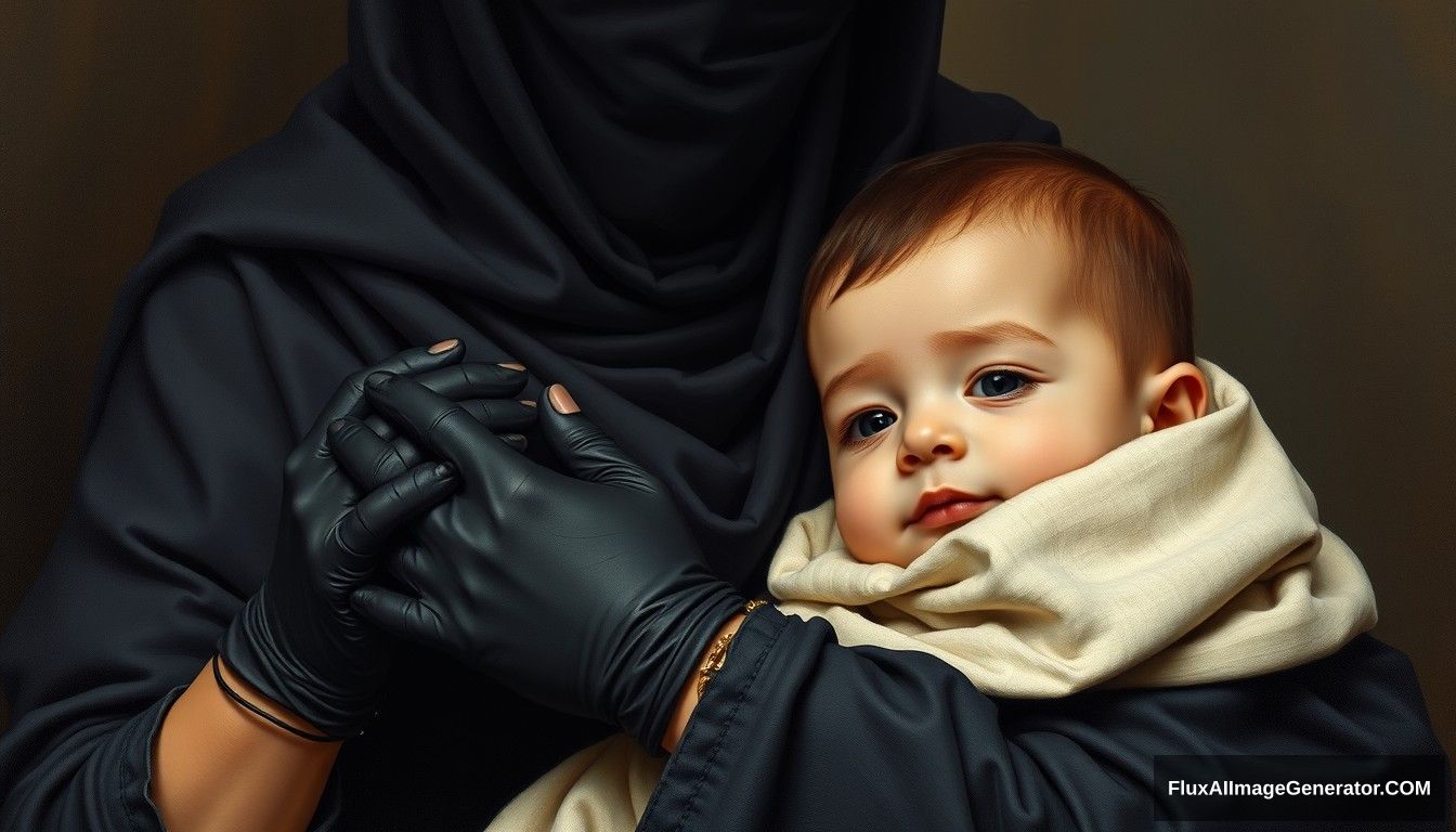 A pious woman is holding a baby boy. Wearing black gloves and a niqab, Maryam is a very devout woman, dressed in a black sarong with her neck covered by a perfect hijab. Realistic, full body, oil painting style, old.