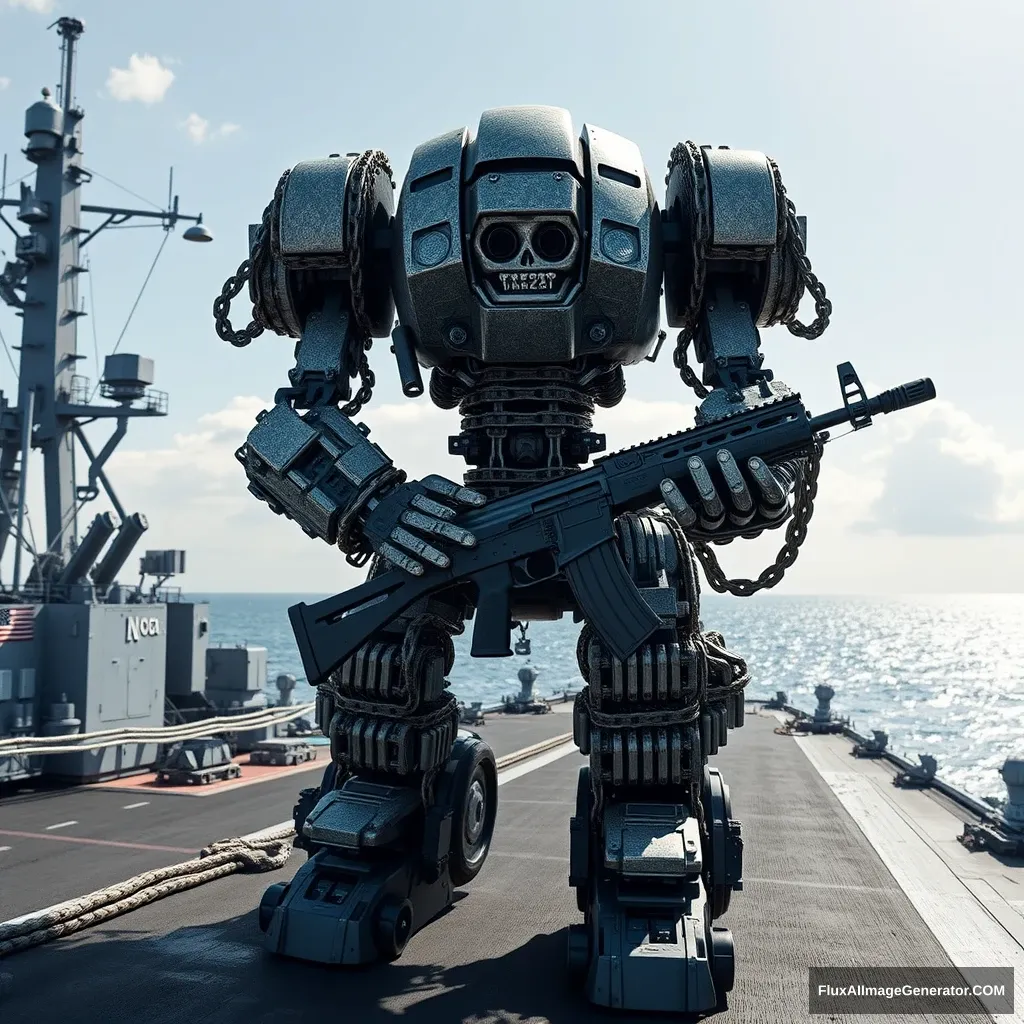 A large robot assembled from motorcycle chains on an aircraft carrier, holding a new AK47.