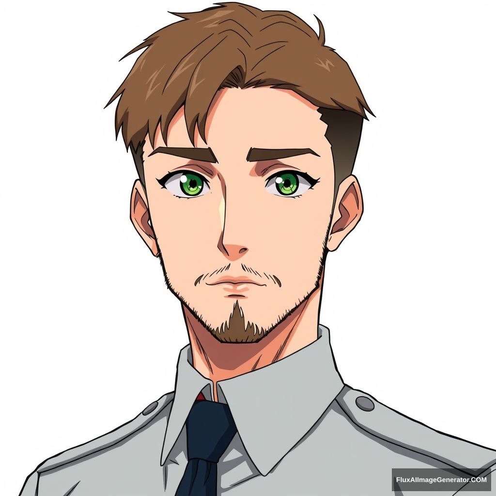 solo, looking at viewer, short hair, brown hair, 1 boy, white background, green eyes, male focus, necktie, uniform, military, military uniform, facial hair, thick eyebrows, portrait, bara, beard, sideburns, mature male, American appearance, tattoo on the neck. Anime man 40 years. - Image