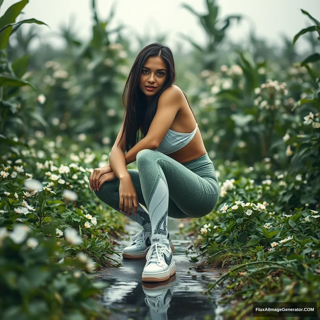 A cyberpunk woman crouches in the distance, with a whimsical smile, amidst a vast green jungle dotted with white flowers. Close-up, she wears yoga pants showcasing her artful beauty, captured with professional photography that reflects real life. The immense sense of scale, long focal length zoom perspective, servos, pipes, reflective wet pavement, fashion photography, and fluctuating depth of field create a sense of dynamic blur.