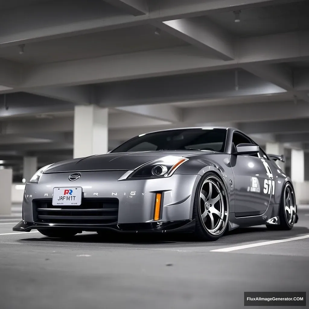 Nissan 350z in grey with Japan Racing JR21 rims at nighttime in a parking garage.