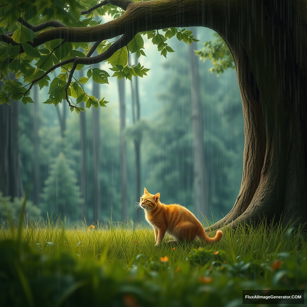 'After the rain, the orange cat under the big tree in the forest.' - Image