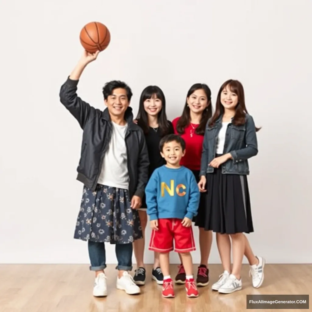 Korean family (father, mother, 2 daughters, 1 son), slam dunk style.