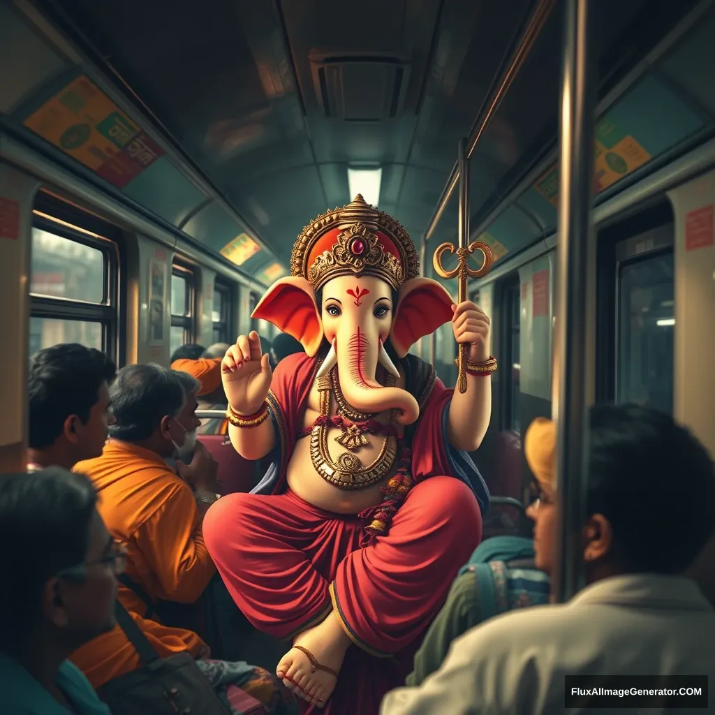 Now think of Ganesha, the god as a human, traveling in the local train in Mumbai. Every year he arrives in Mumbai and people celebrate his festival. Imagine him coming in a packed local train, which is crowded and bustling. Create an interesting prompt based on that scenario. - Image